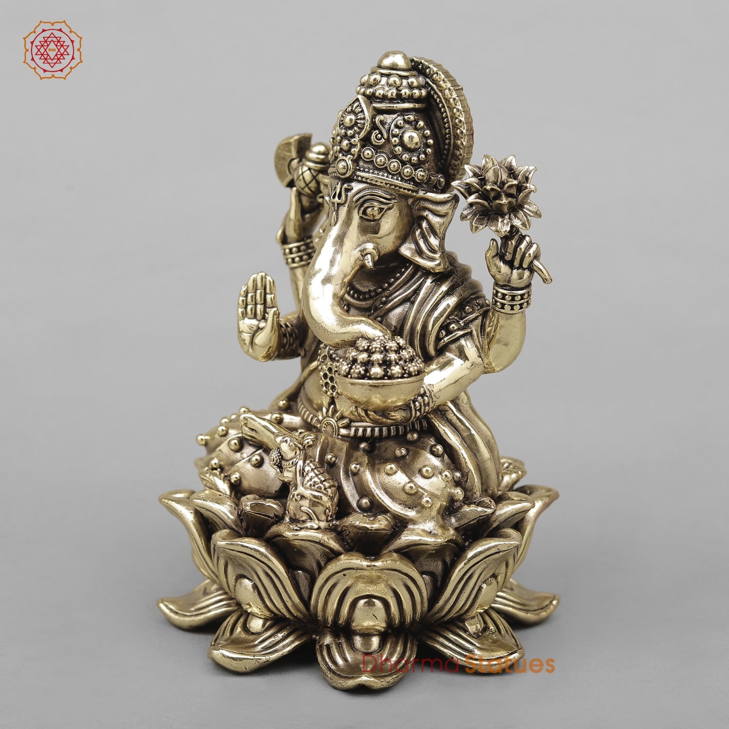 Brass Ganesh Seated On Lotus Fine 5”