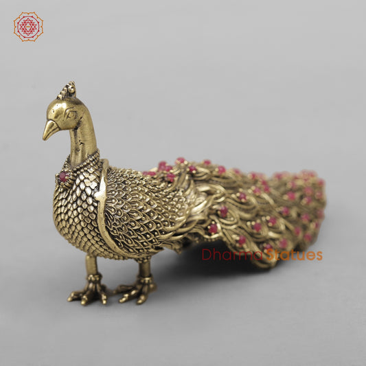 Brass Peacock Fine Ruby Stones Embeded Fine 6” (Vastu Approved)
