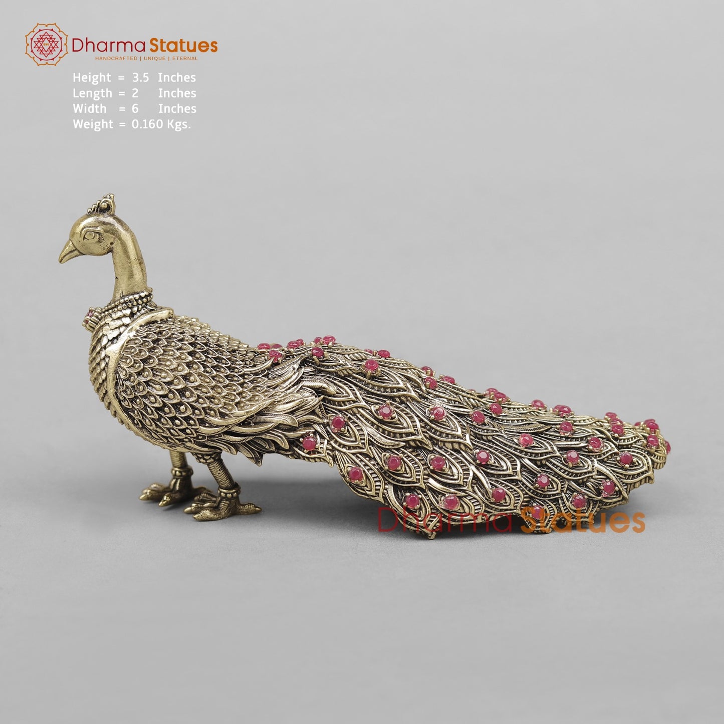Brass Peacock Fine Ruby Stones Embeded Fine 6” (Vastu Approved)