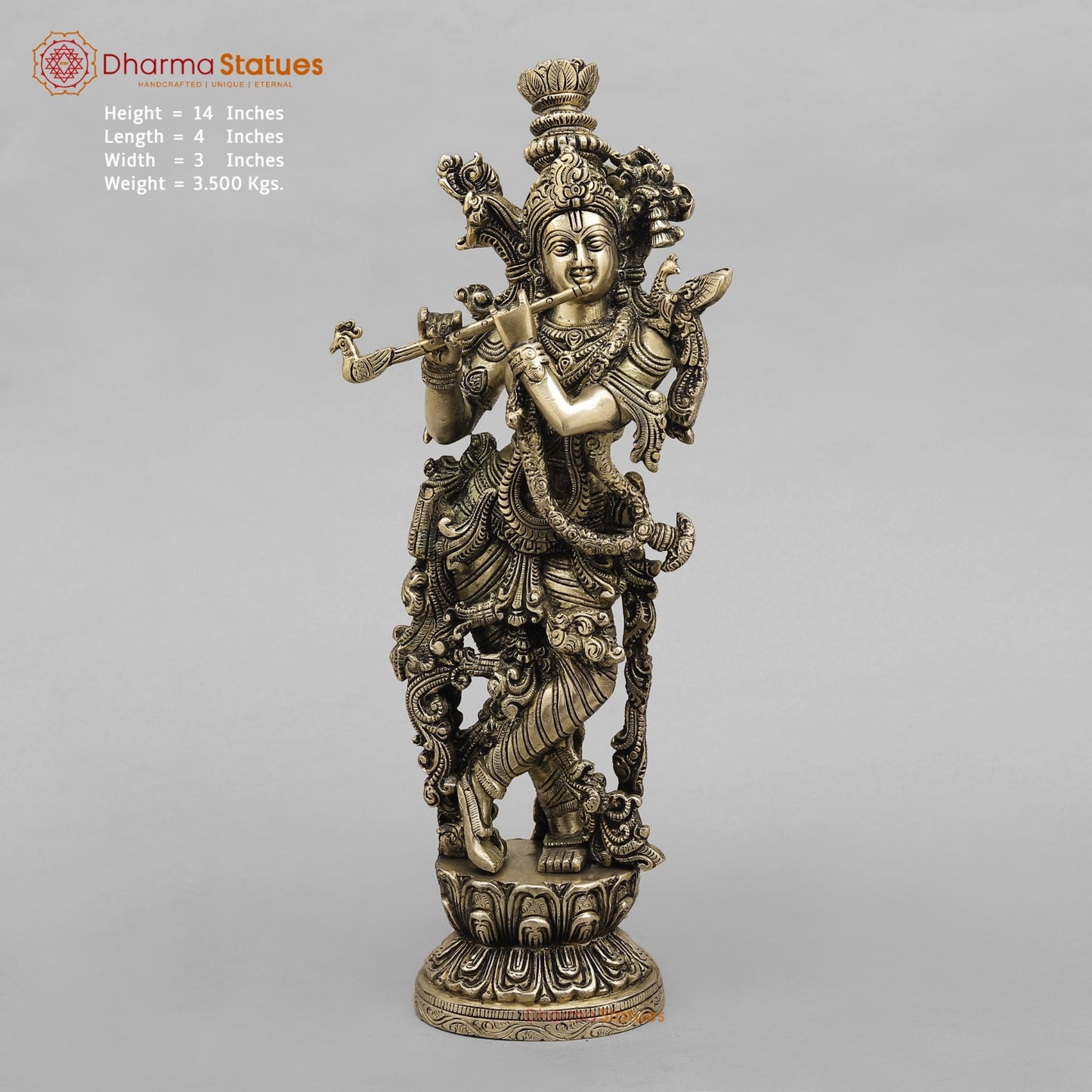 Brass Krishna Standing Fine, Smooth Finish 14”