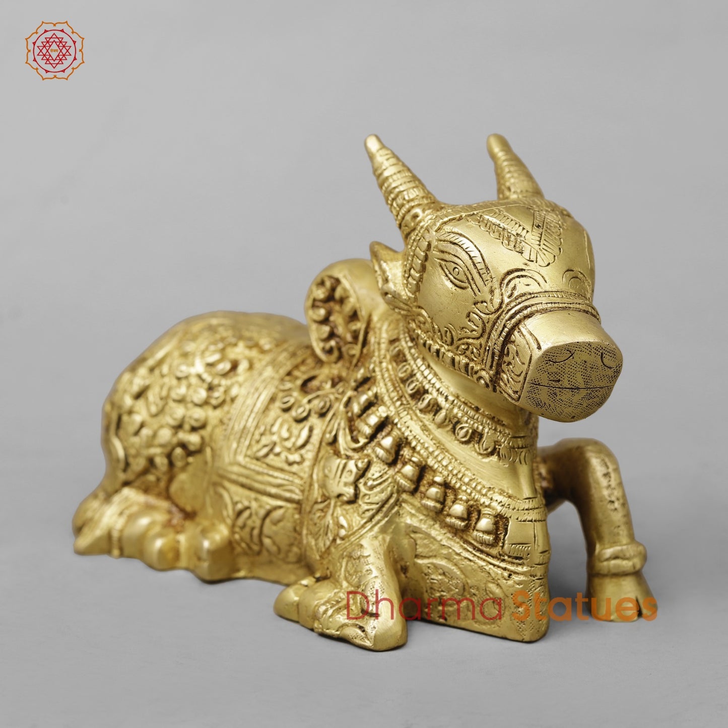 Brass Nandi Seated Fine Carving , Special Gold Finish 7”
