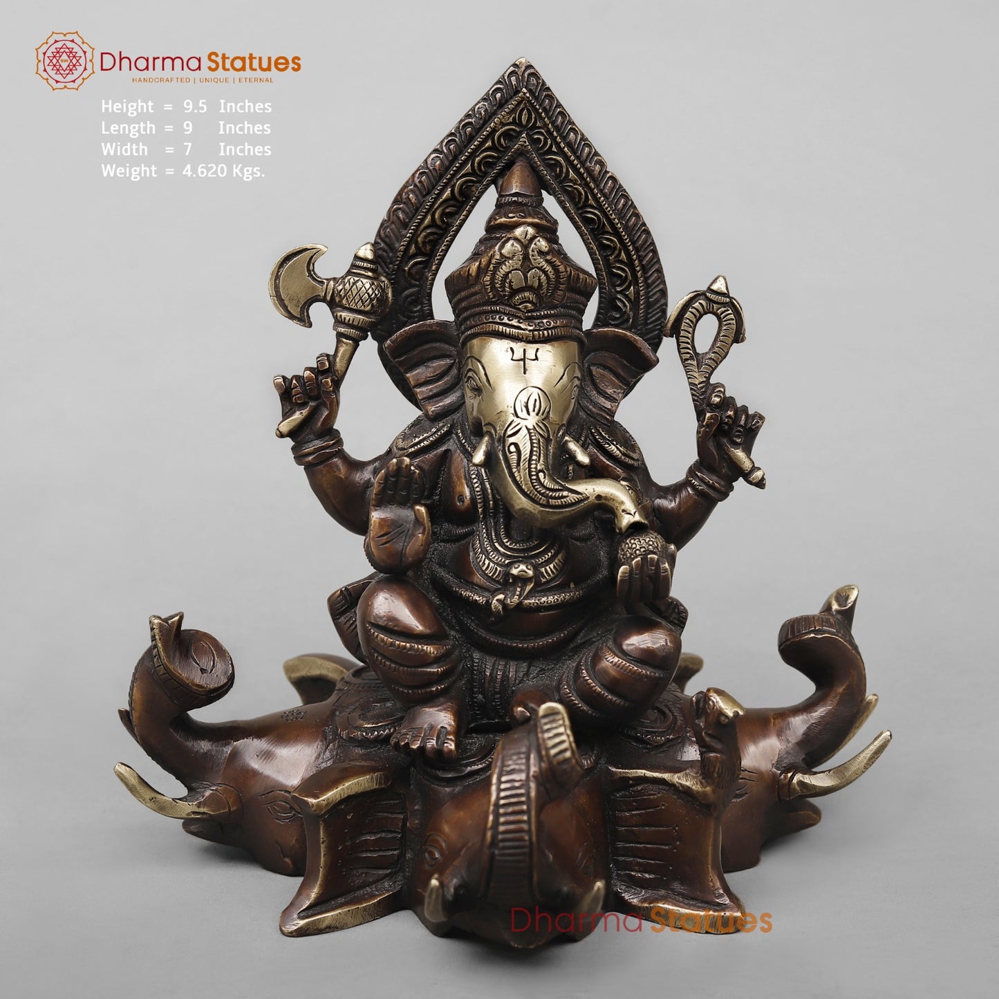 Brass Ganesh Seated on Elephants Fine, Antique Finish 9.5”