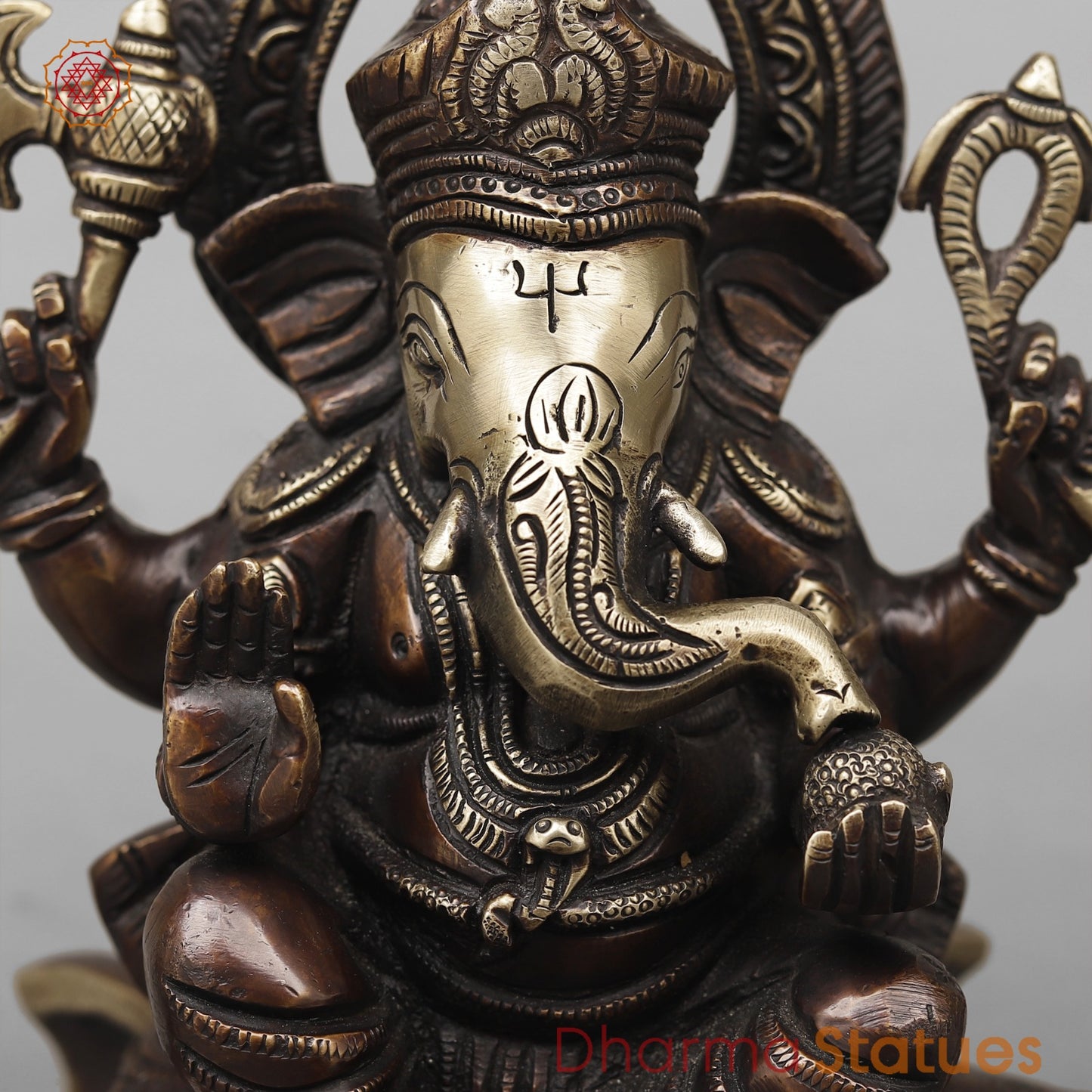 Brass Ganesh Seated on Elephants Fine, Antique Finish 9.5”