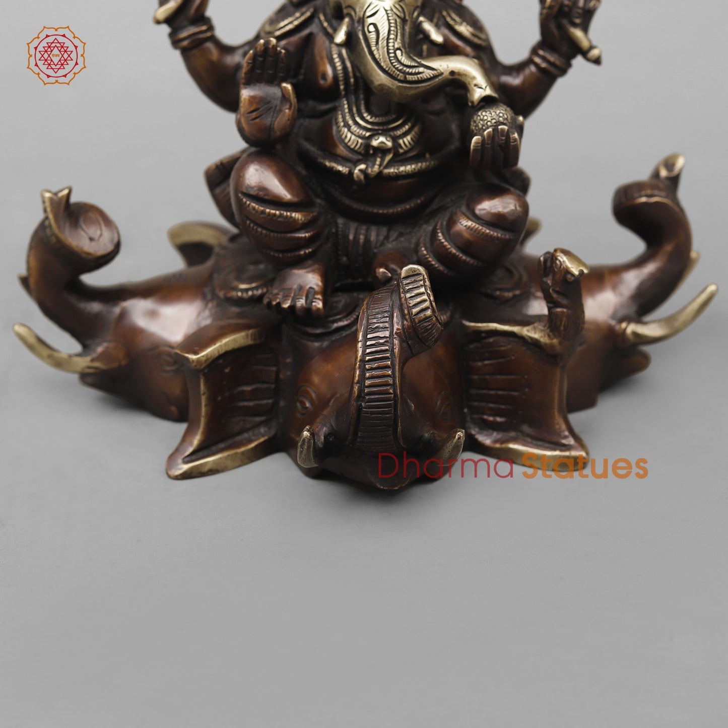 Brass Ganesh Seated on Elephants Fine, Antique Finish 9.5”