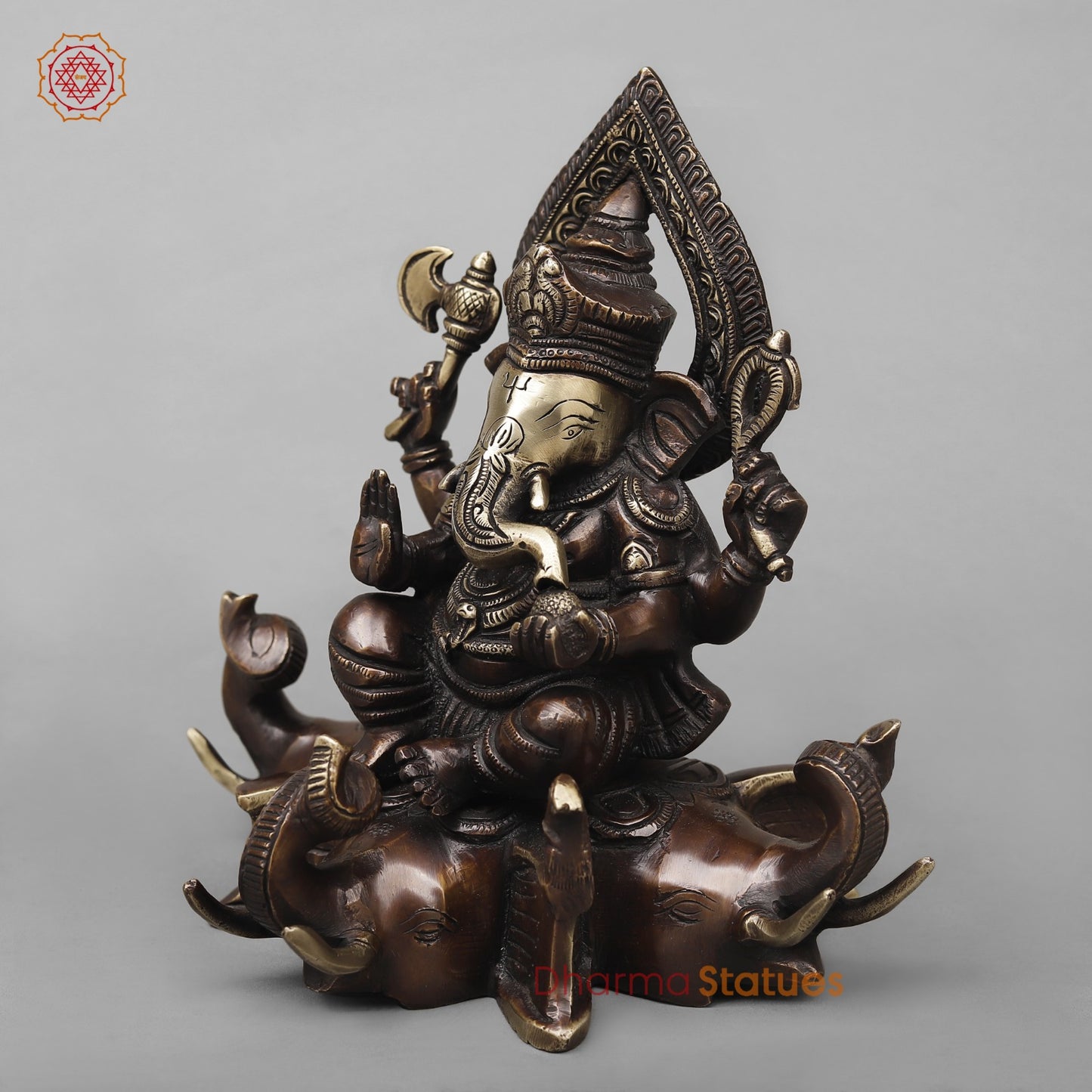 Brass Ganesh Seated on Elephants Fine, Antique Finish 9.5”