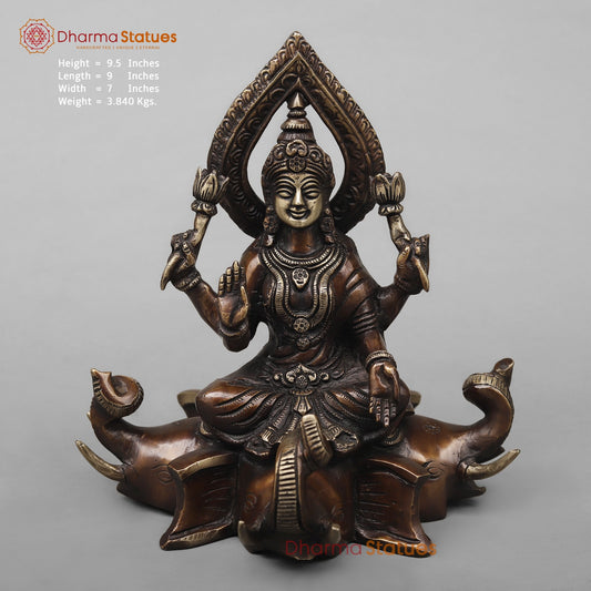 Brass Lakshmi Seated on Elephants Fine, Antique Copper Finish 9.5”