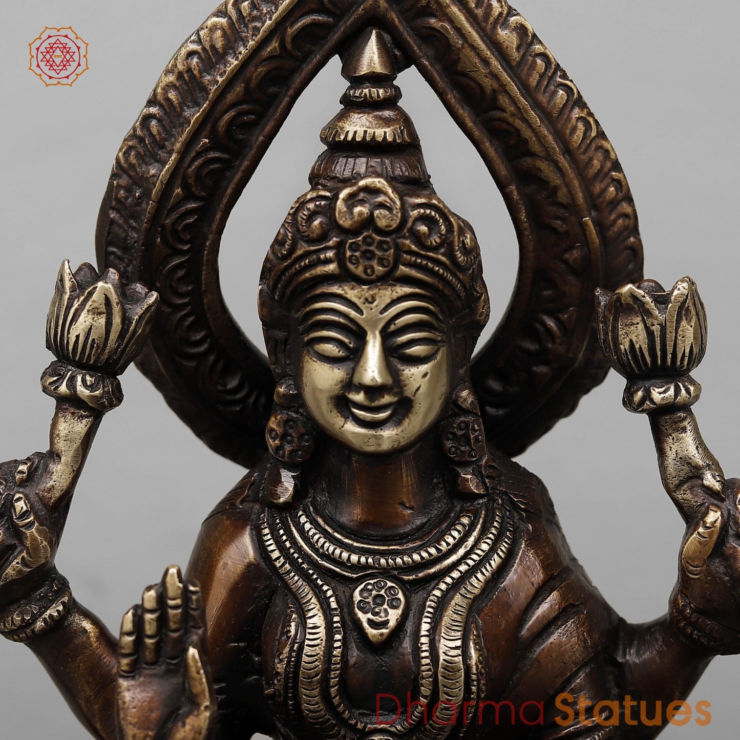 Brass Lakshmi Seated on Elephants Fine, Antique Copper Finish 9.5”
