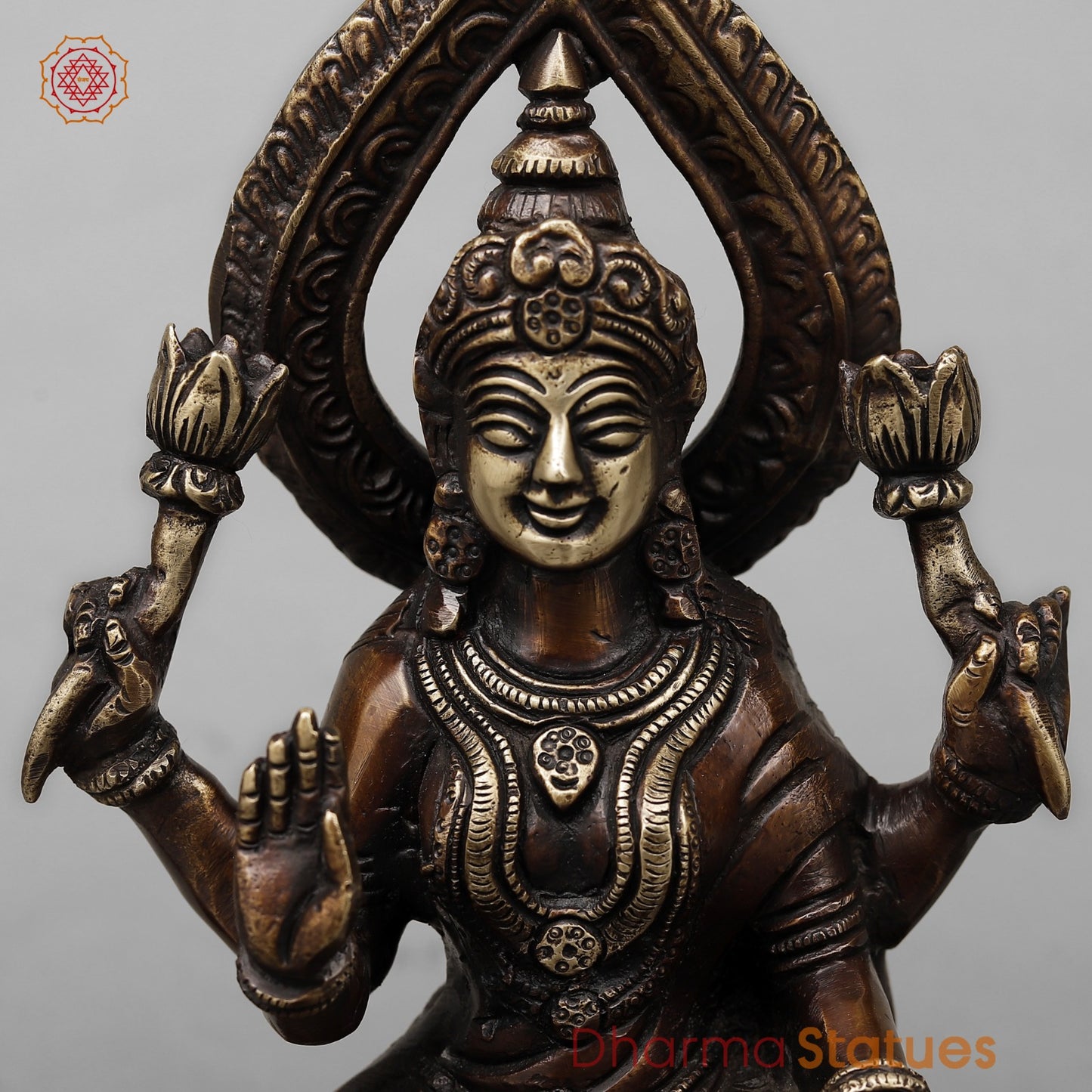 Brass Lakshmi Seated on Elephants Fine, Antique Copper Finish 9.5”