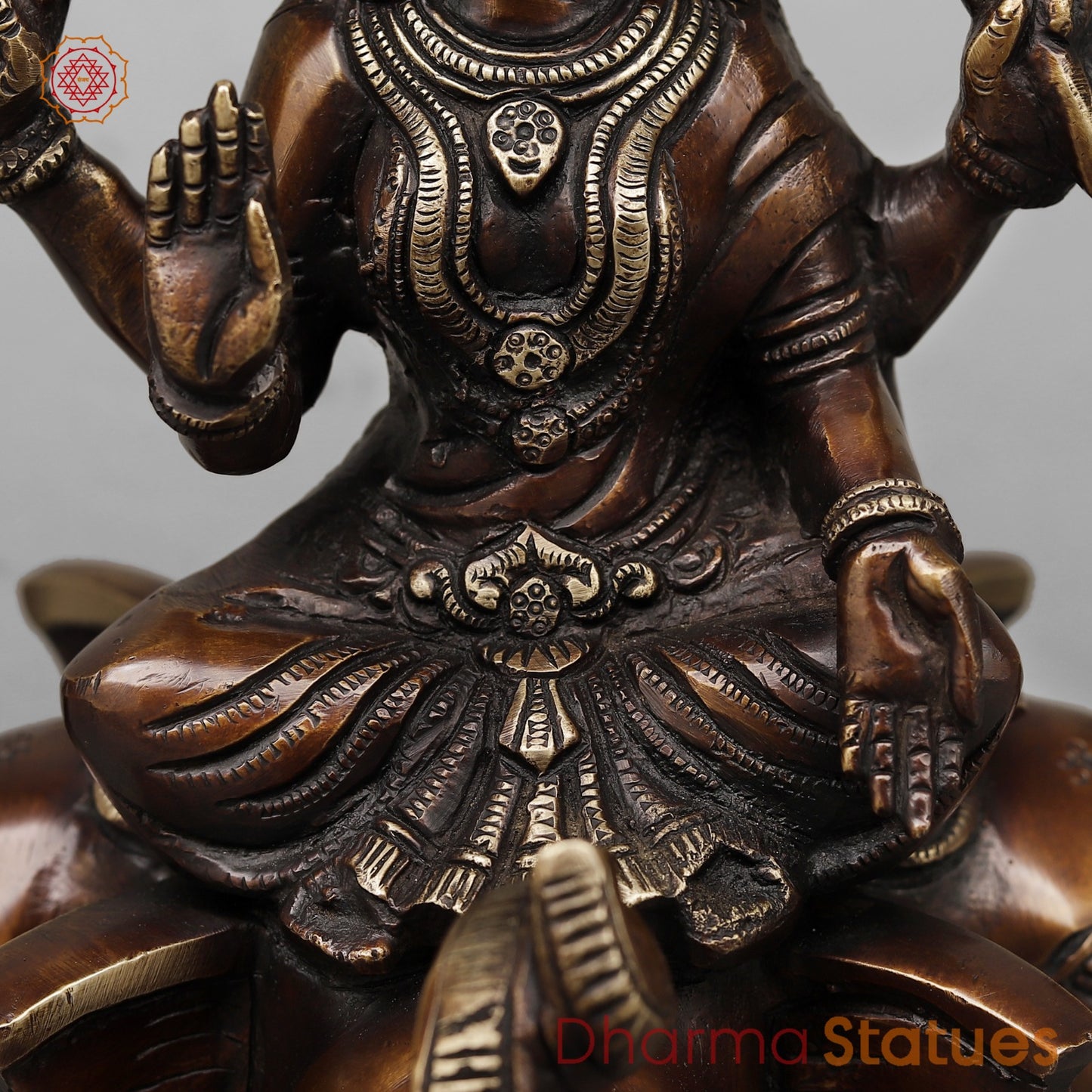 Brass Lakshmi Seated on Elephants Fine, Antique Copper Finish 9.5”