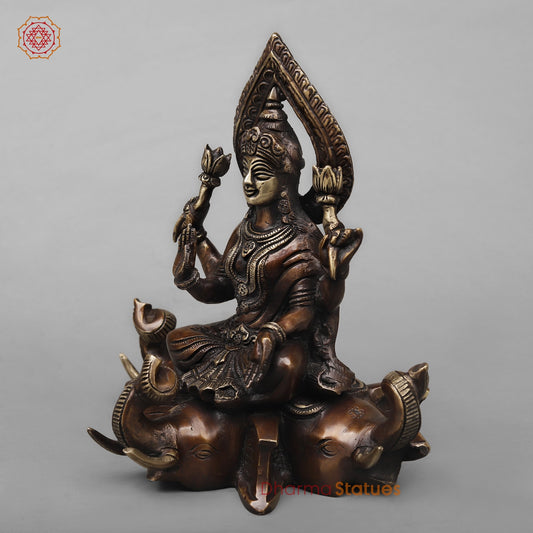 Brass Lakshmi Seated on Elephants Fine, Antique Copper Finish 9.5”