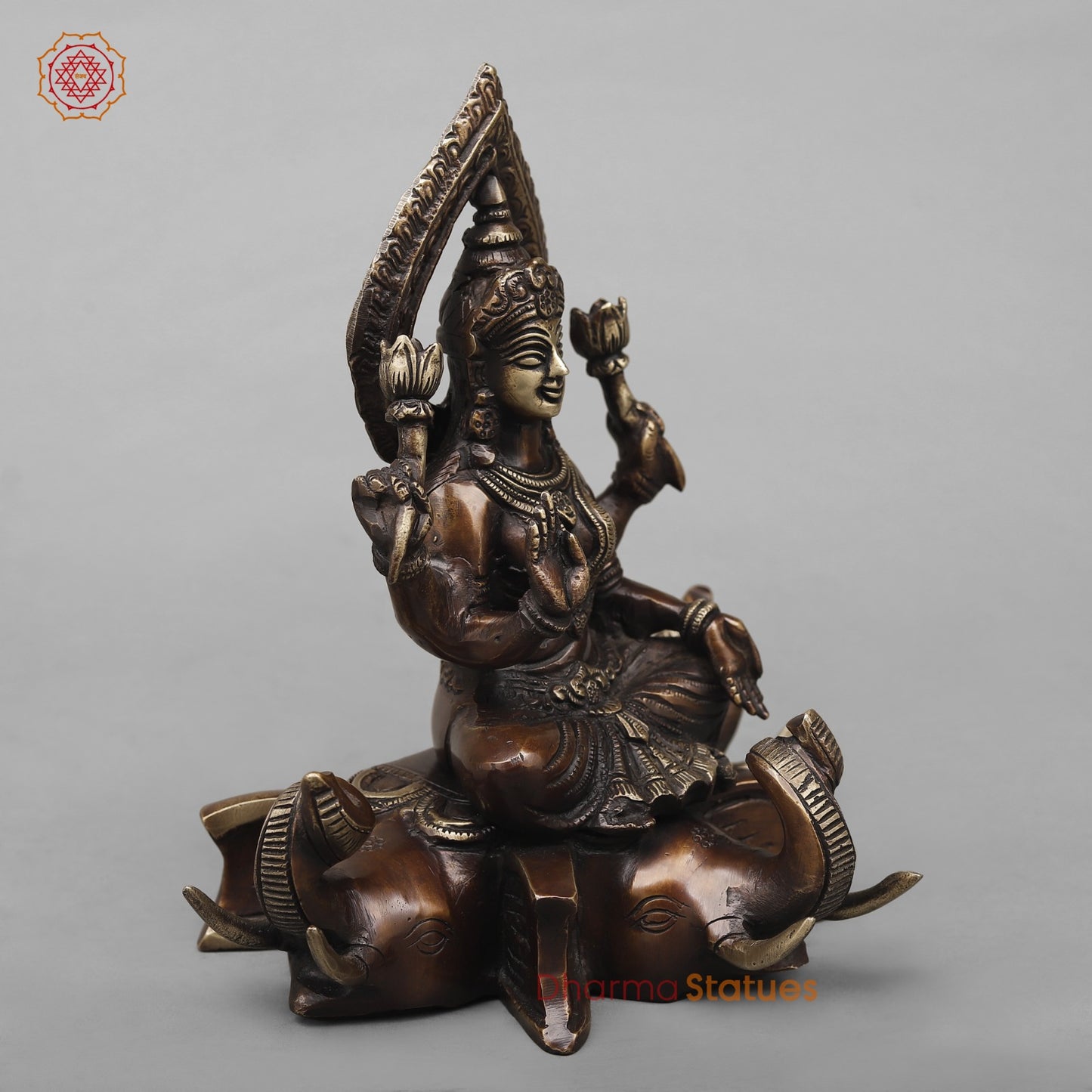 Brass Lakshmi Seated on Elephants Fine, Antique Copper Finish 9.5”