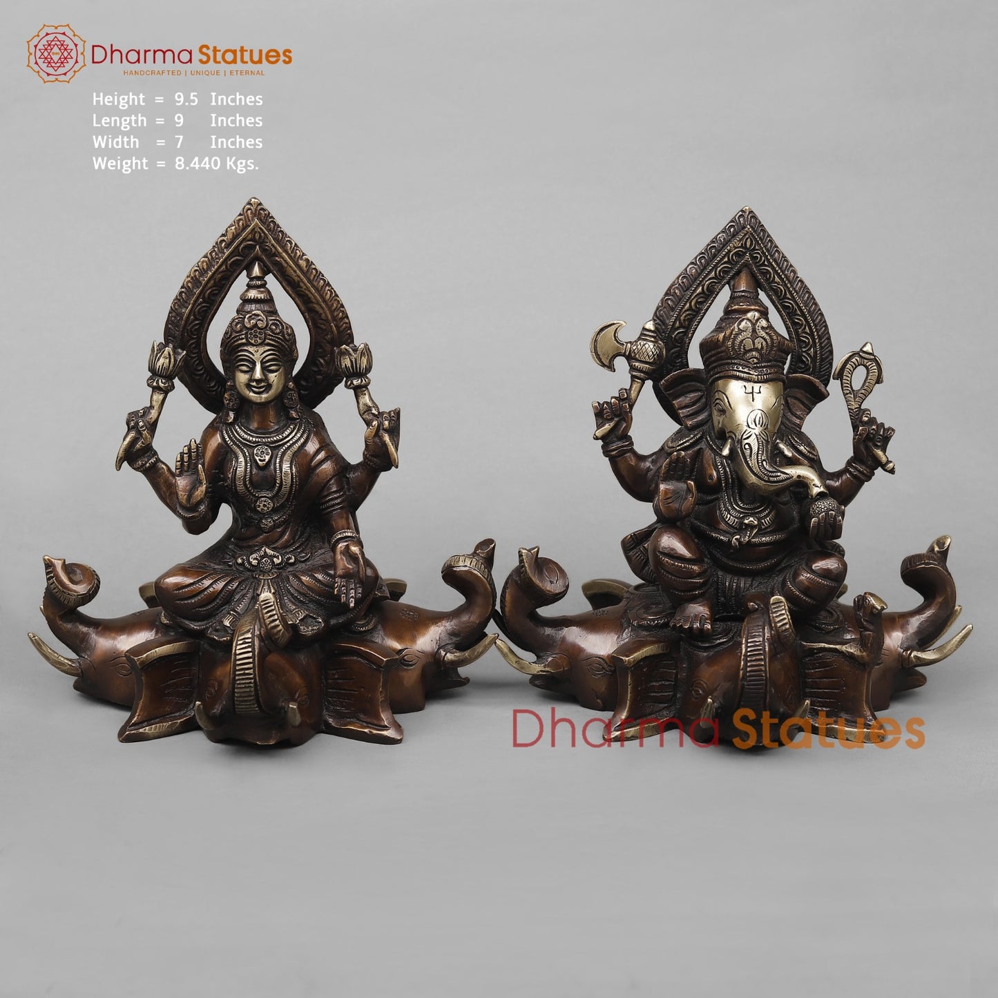 Brass Lakshmi Ganesh Seated on Elephants Fine, Antique Copper Finish 9.5”