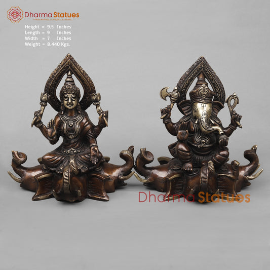 Brass Lakshmi Ganesh Seated on Elephants Fine, Antique Copper Finish 9.5”