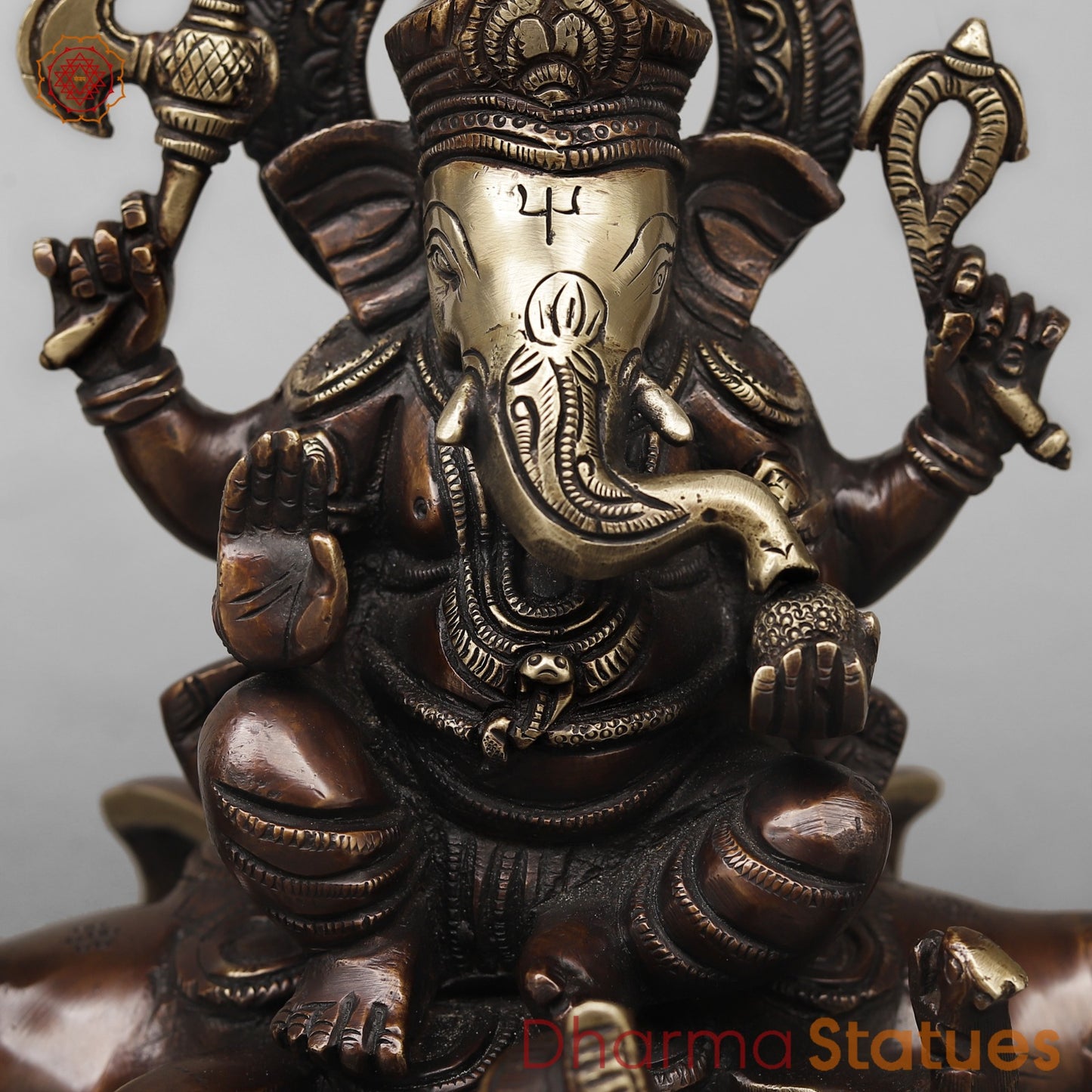 Brass Lakshmi Ganesh Seated on Elephants Fine, Antique Copper Finish 9.5”