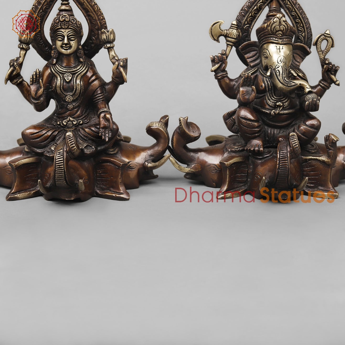 Brass Lakshmi Ganesh Seated on Elephants Fine, Antique Copper Finish 9.5”