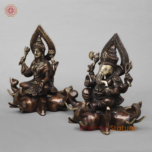 Brass Lakshmi Ganesh Seated on Elephants Fine, Antique Copper Finish 9.5”