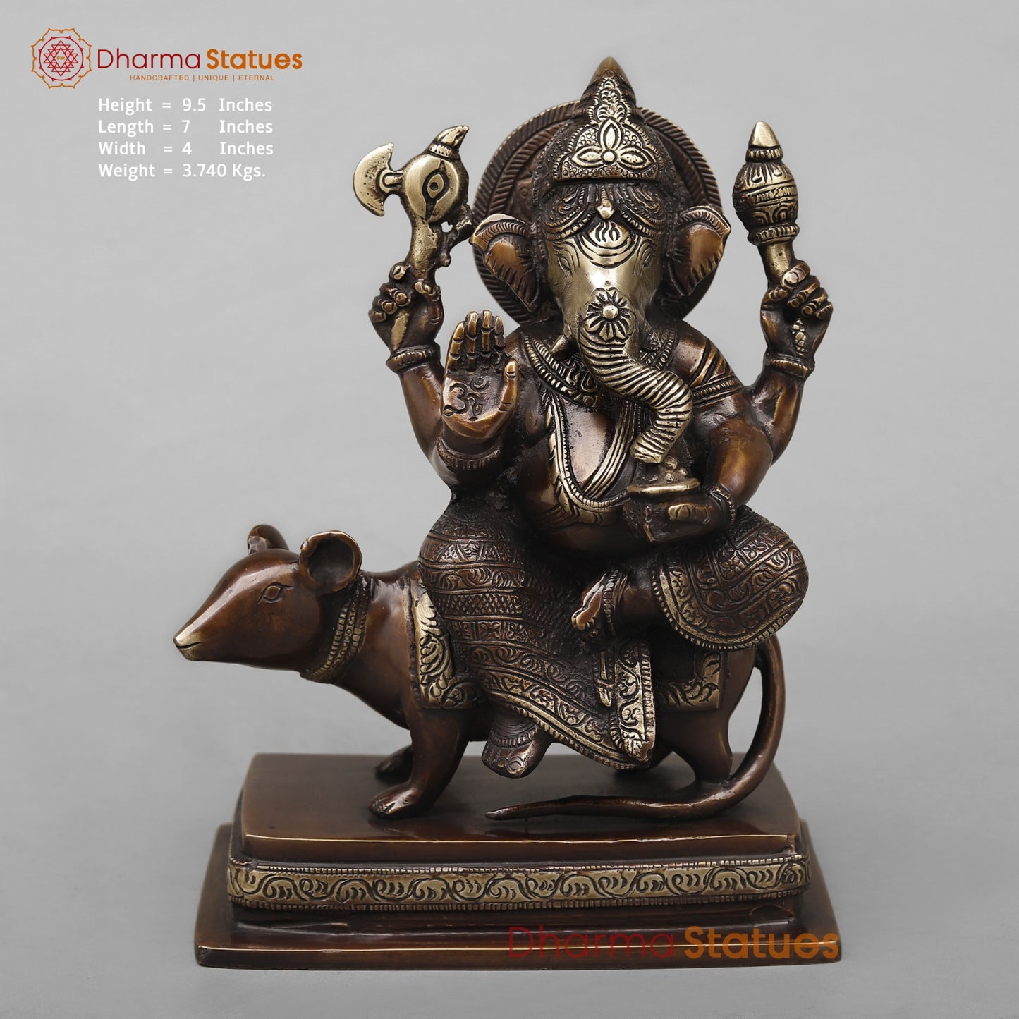 Brass Ganesh Seated on Rat Fine, Antique Copper Finish 9.5”