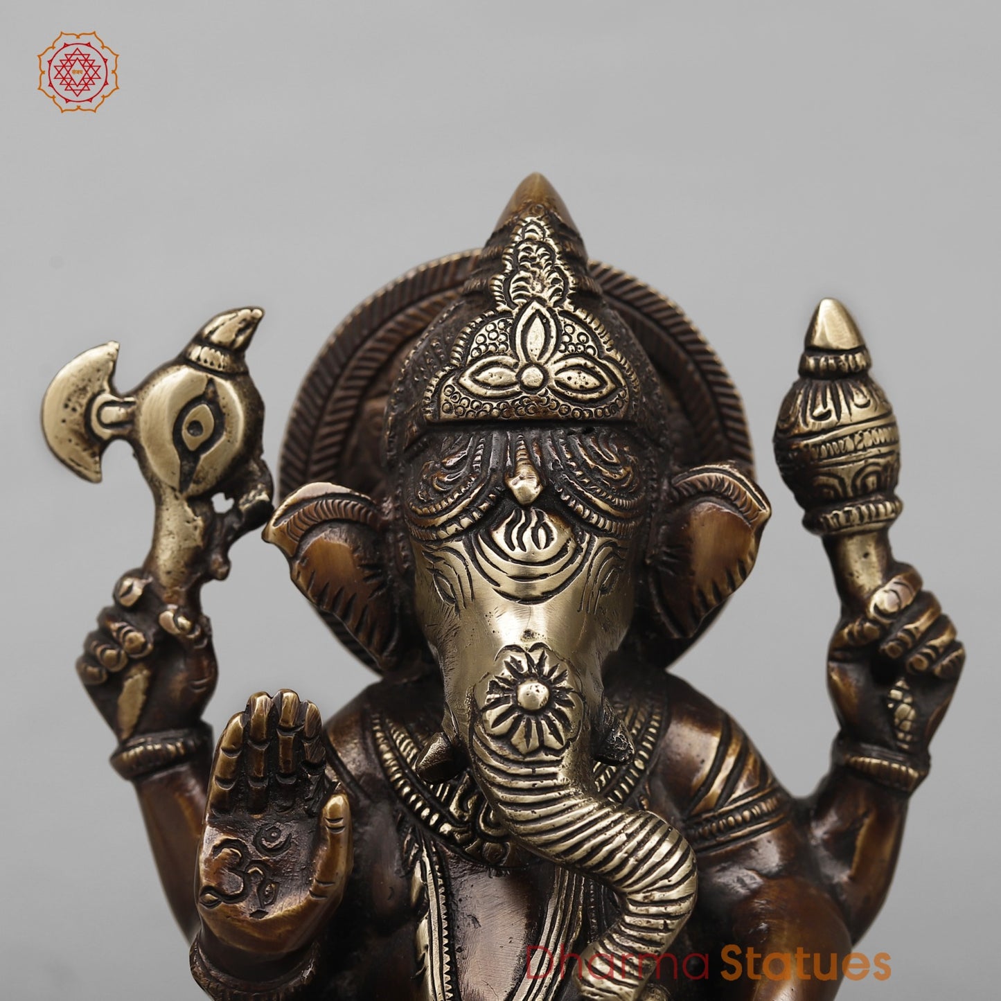 Brass Ganesh Seated on Rat Fine, Antique Copper Finish 9.5”