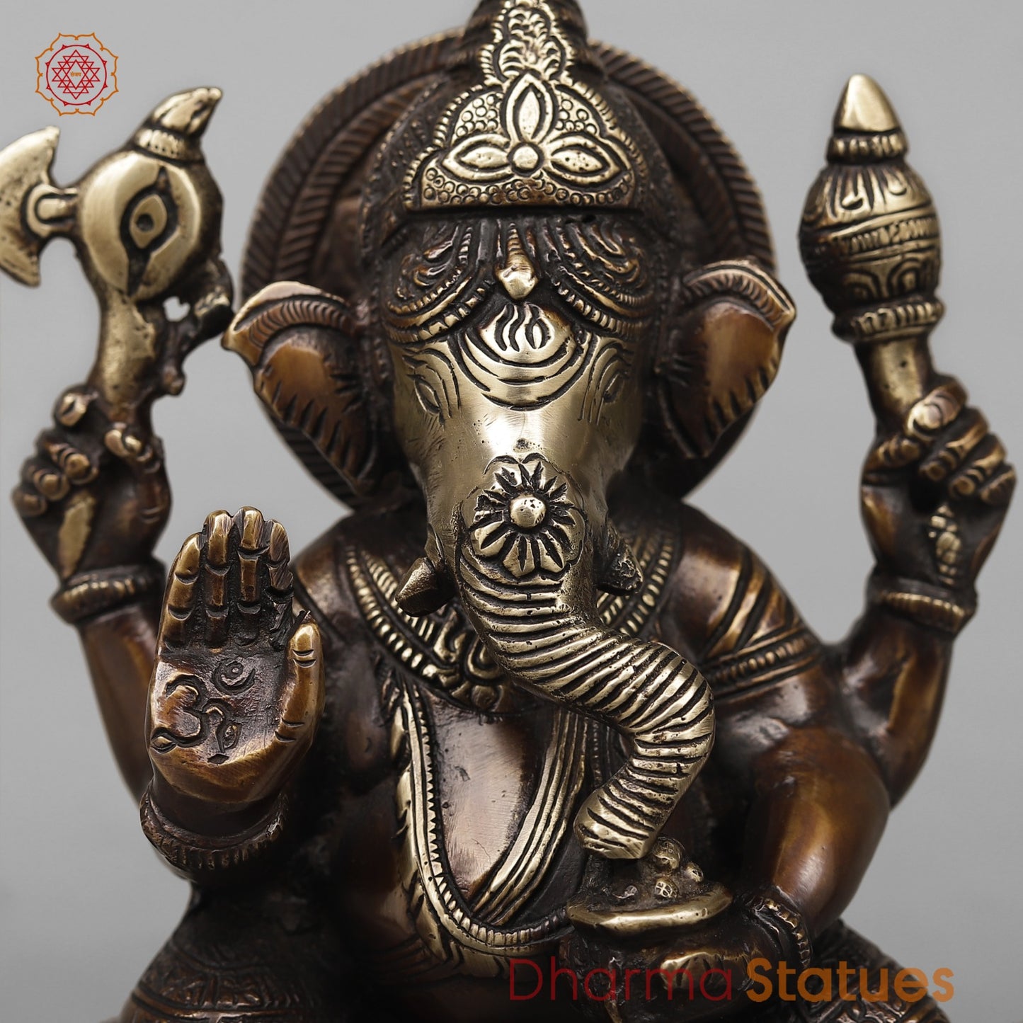 Brass Ganesh Seated on Rat Fine, Antique Copper Finish 9.5”