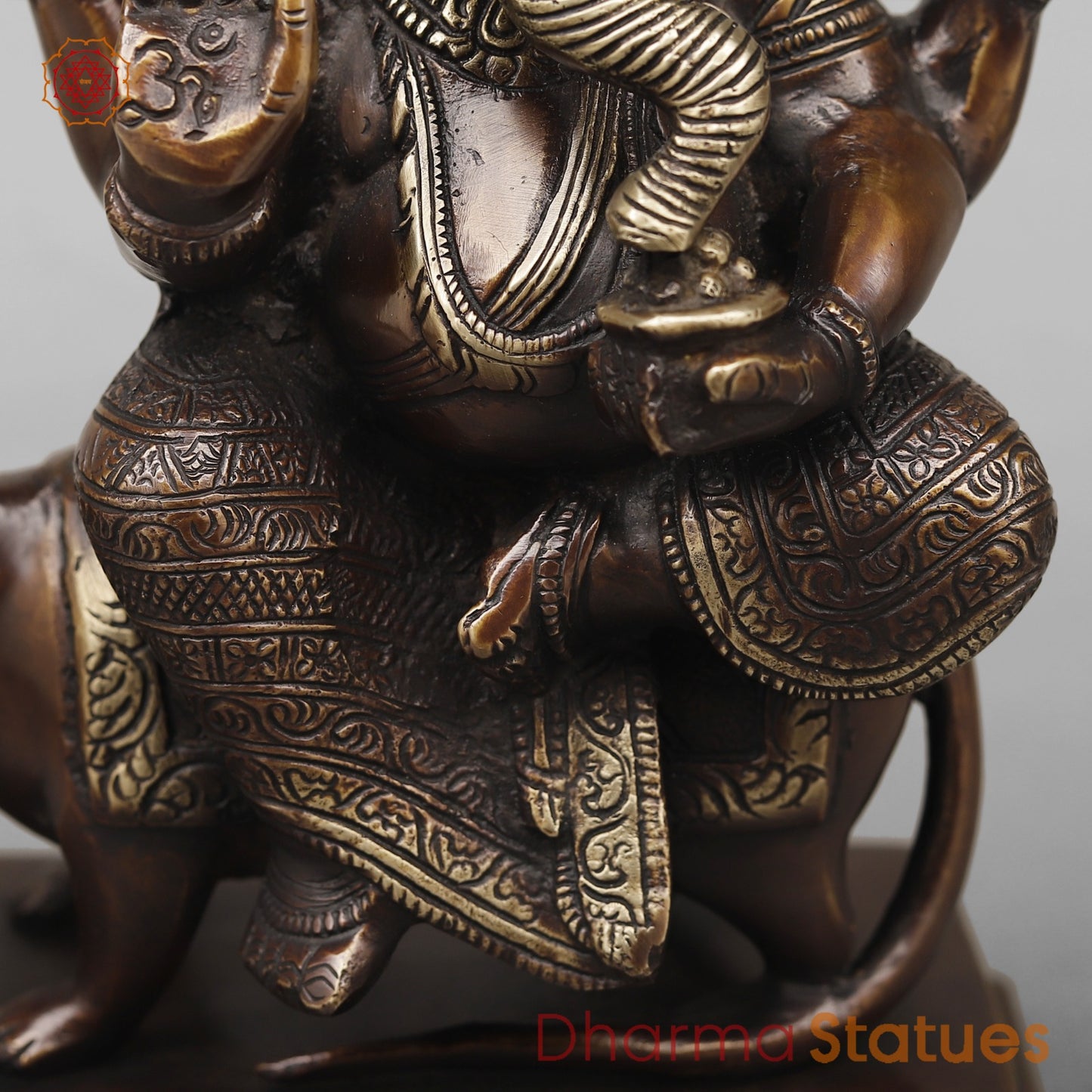 Brass Ganesh Seated on Rat Fine, Antique Copper Finish 9.5”