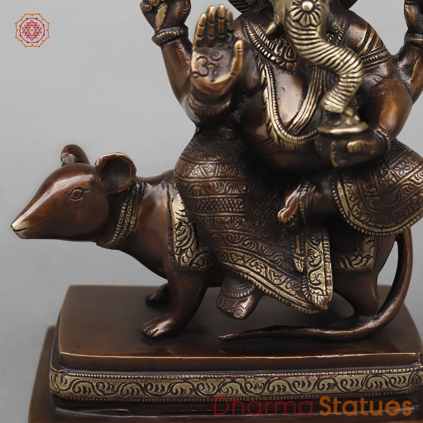 Brass Ganesh Seated on Rat Fine, Antique Copper Finish 9.5”