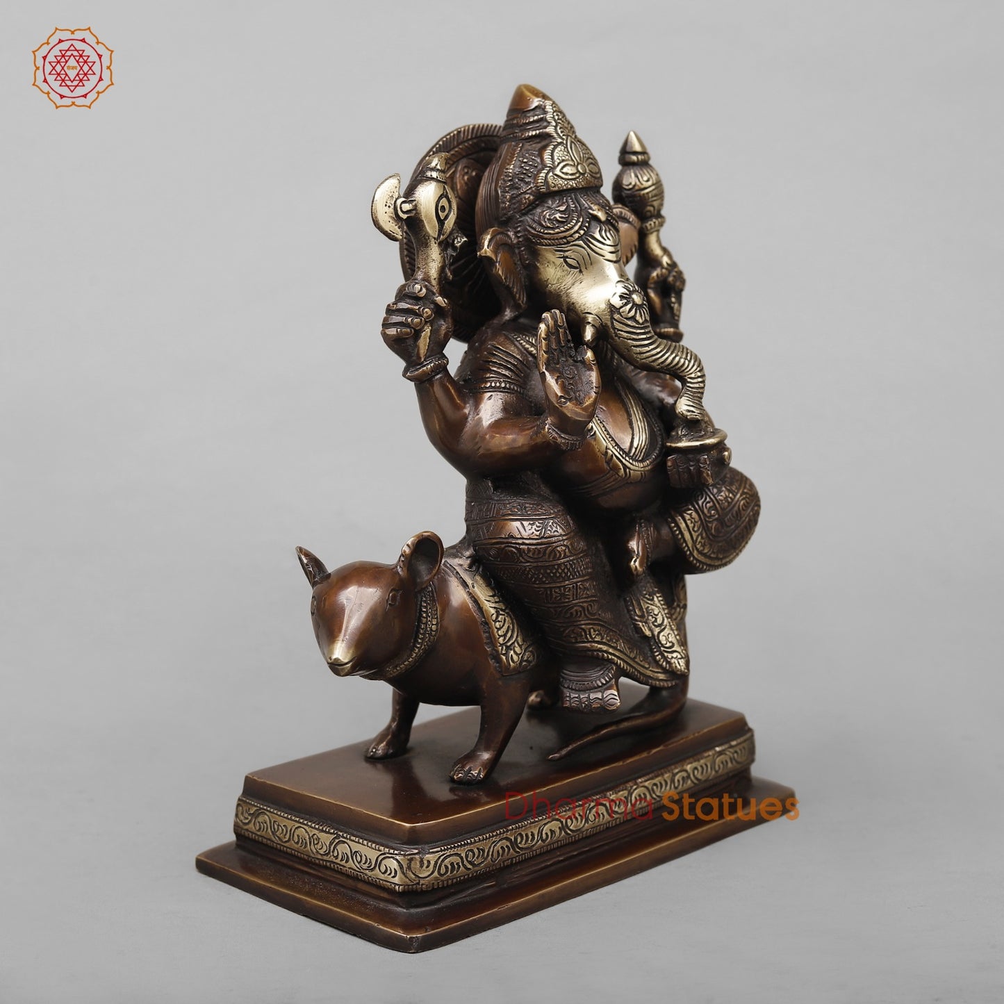 Brass Ganesh Seated on Rat Fine, Antique Copper Finish 9.5”