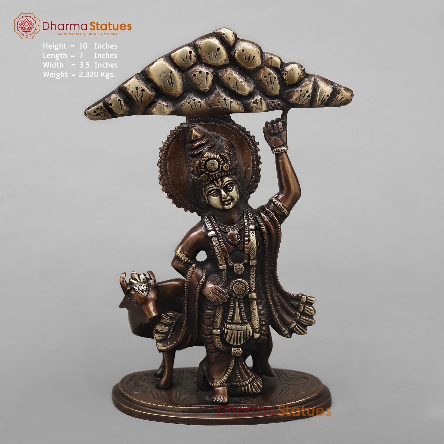 Brass Krishna with Govardhan Parwat fine, Antique Copper Finish 10”