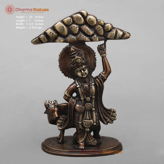 Brass Krishna with Govardhan Parwat fine, Antique Copper Finish 10”