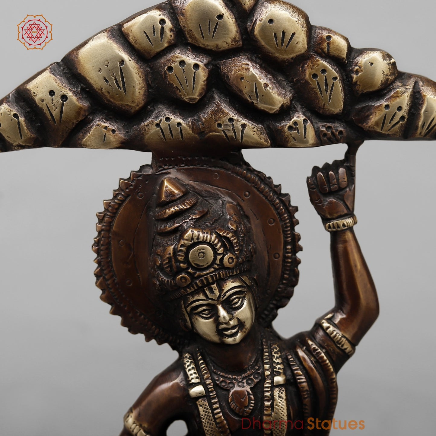 Brass Krishna with Govardhan Parwat fine, Antique Copper Finish 10”