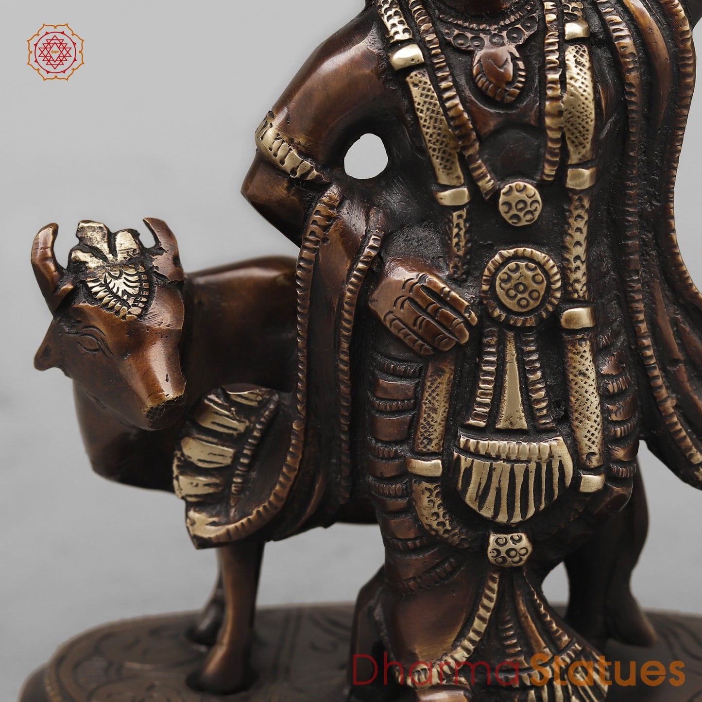 Brass Krishna with Govardhan Parwat fine, Antique Copper Finish 10”