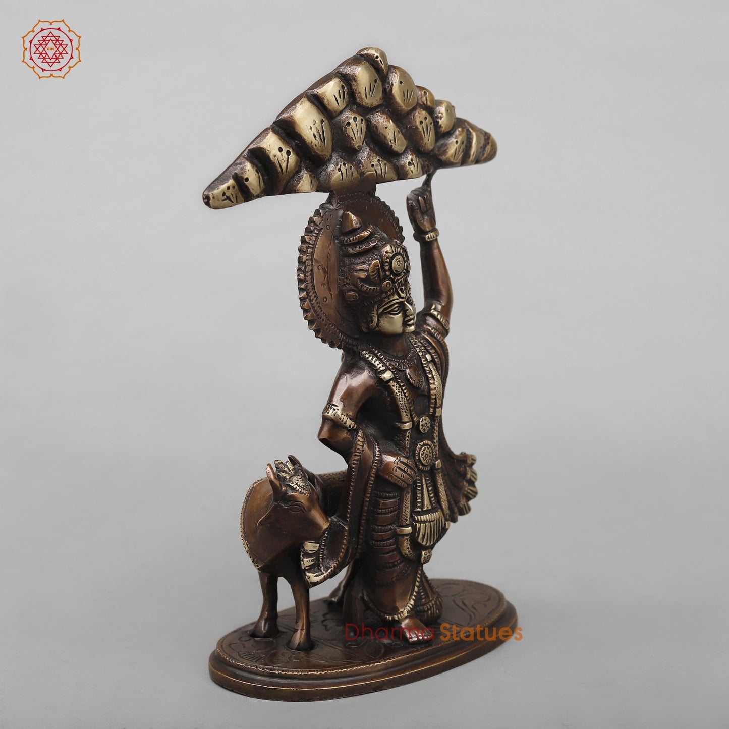 Brass Krishna with Govardhan Parwat fine, Antique Copper Finish 10”