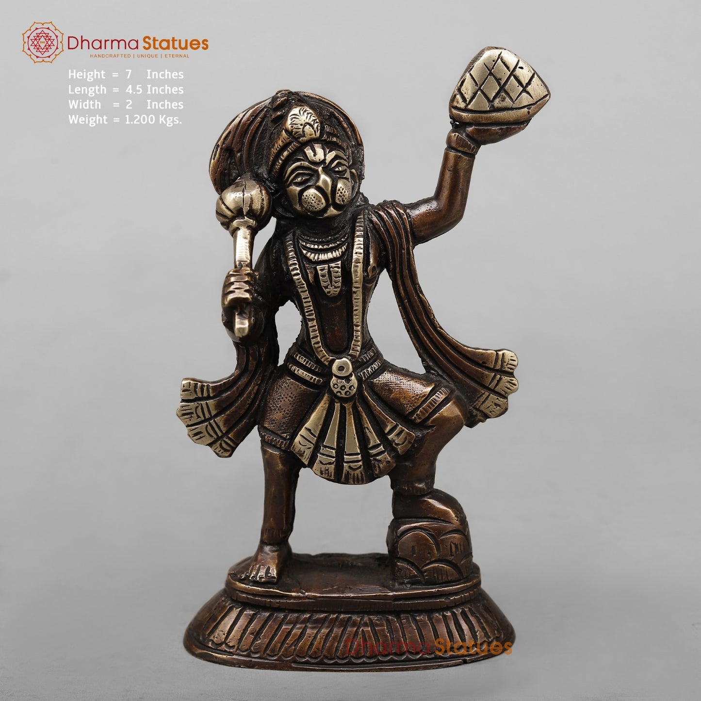 Brass Hanuman Ji Standing Fine, Antique Copper Finish 7”