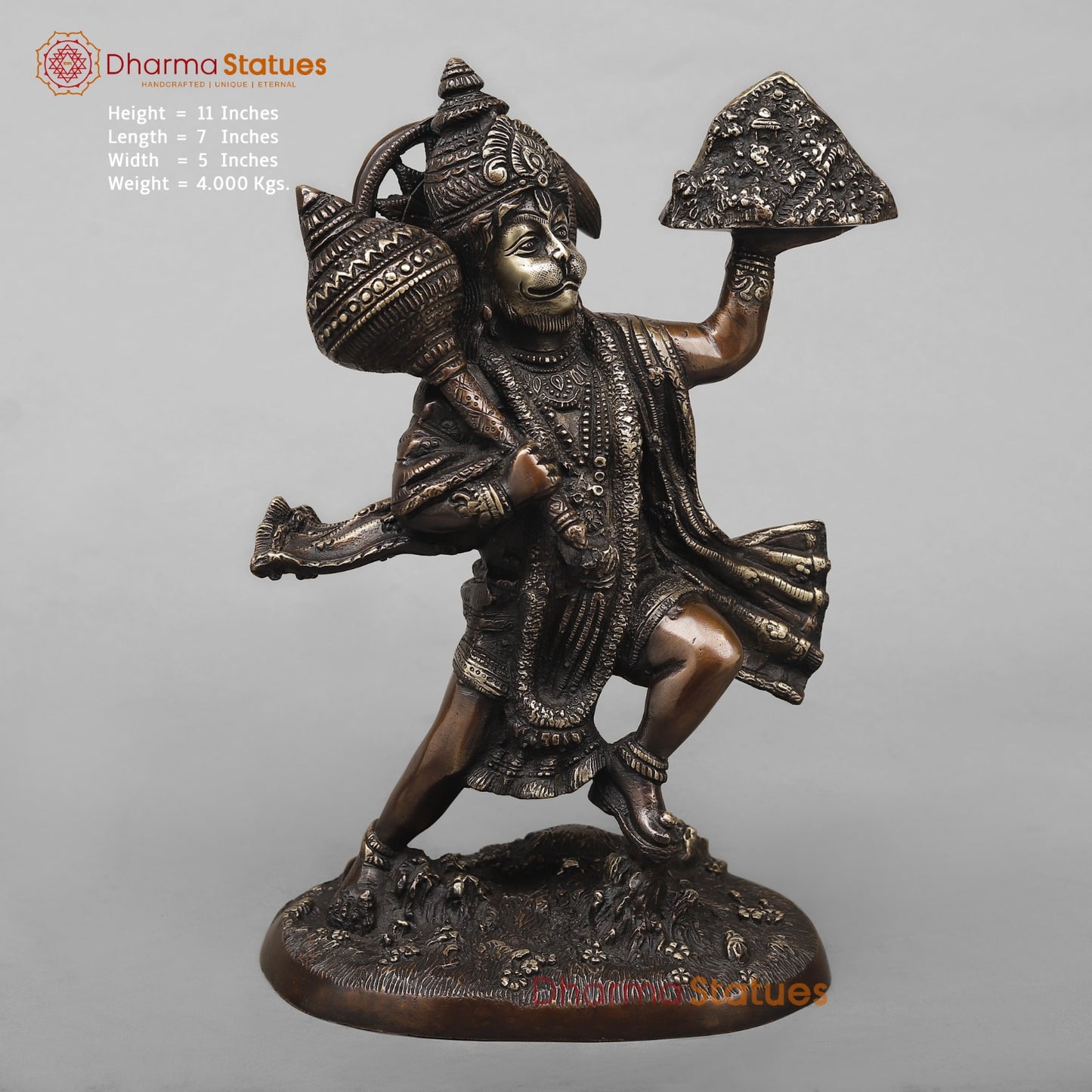 Brass Hanuman Standing  Fine, Antique Copper Finish 11”