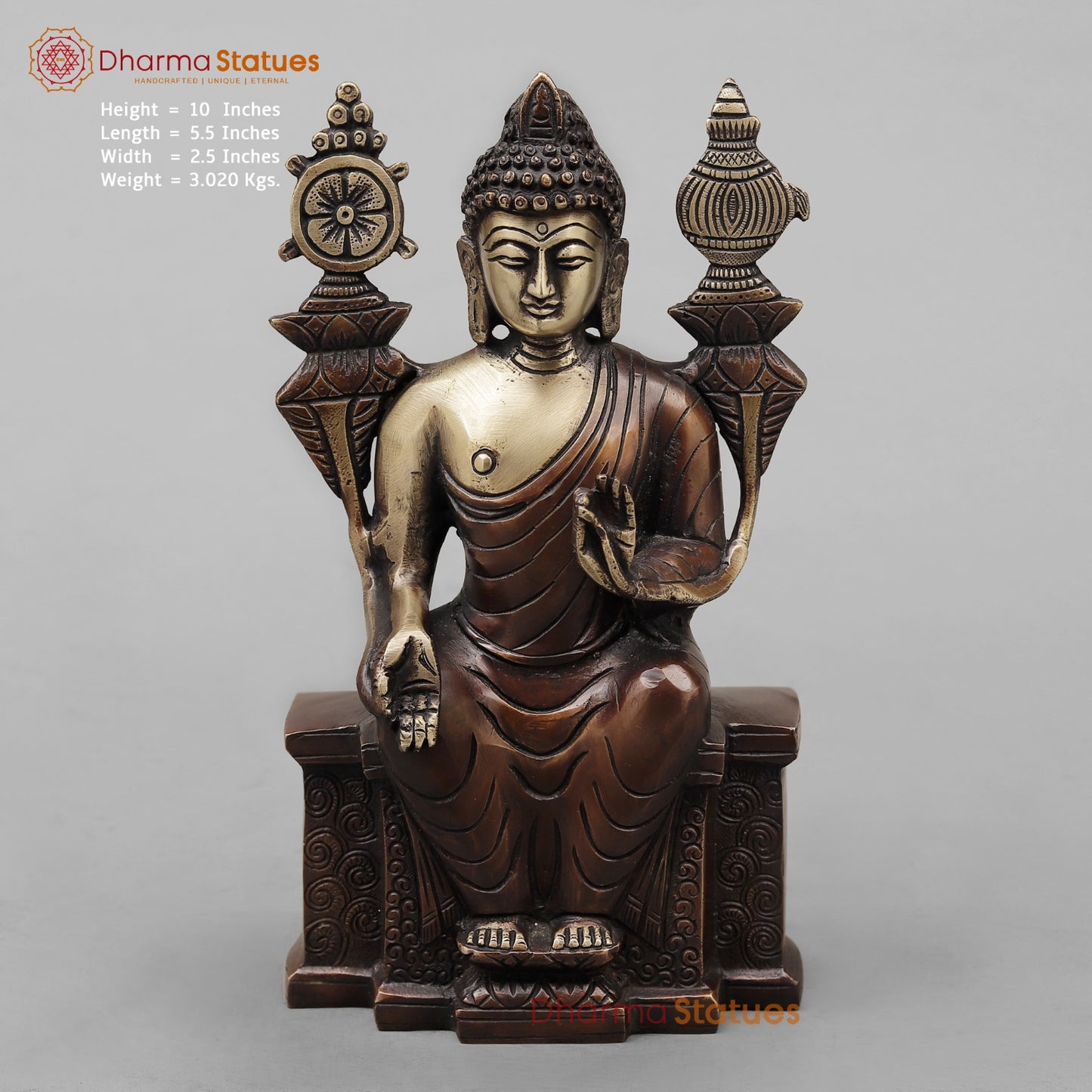 Brass Buddha seated On Throne, Antique copper Finish 10”