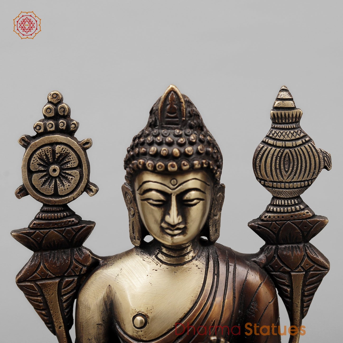Brass Buddha seated On Throne, Antique copper Finish 10”