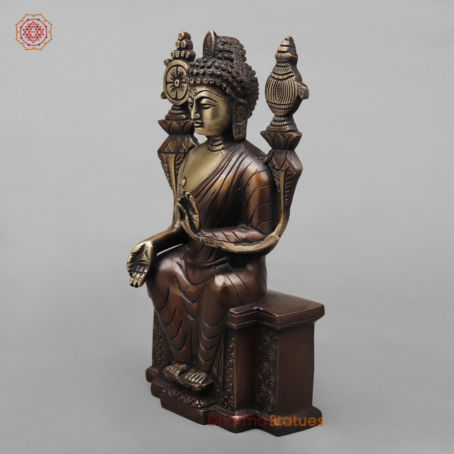 Brass Buddha seated On Throne, Antique copper Finish 10”