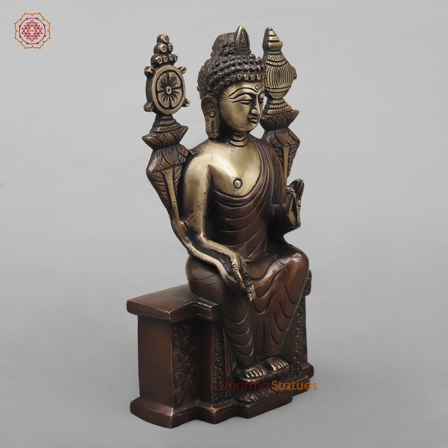Brass Buddha seated On Throne, Antique copper Finish 10”