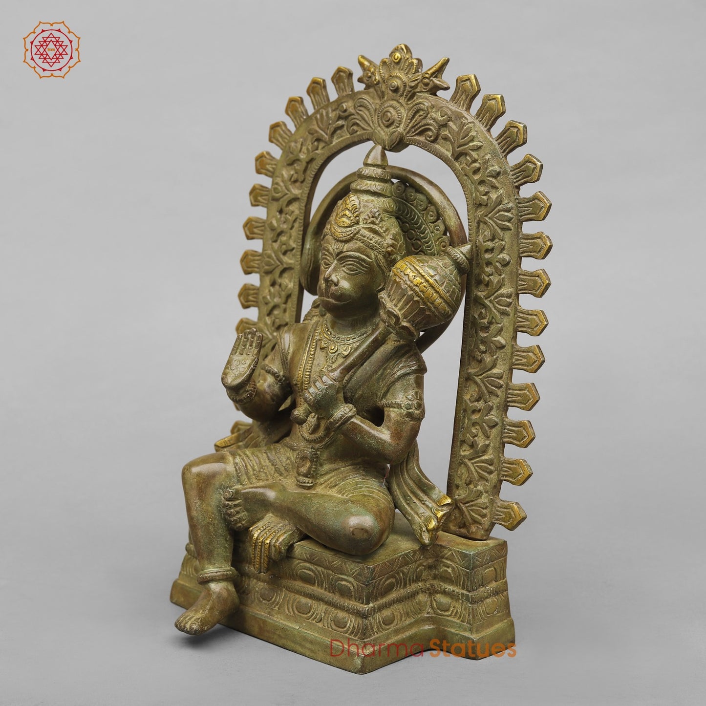Brass Hanuman ji Seated With arch Fine, Green antique Finish 10.5”