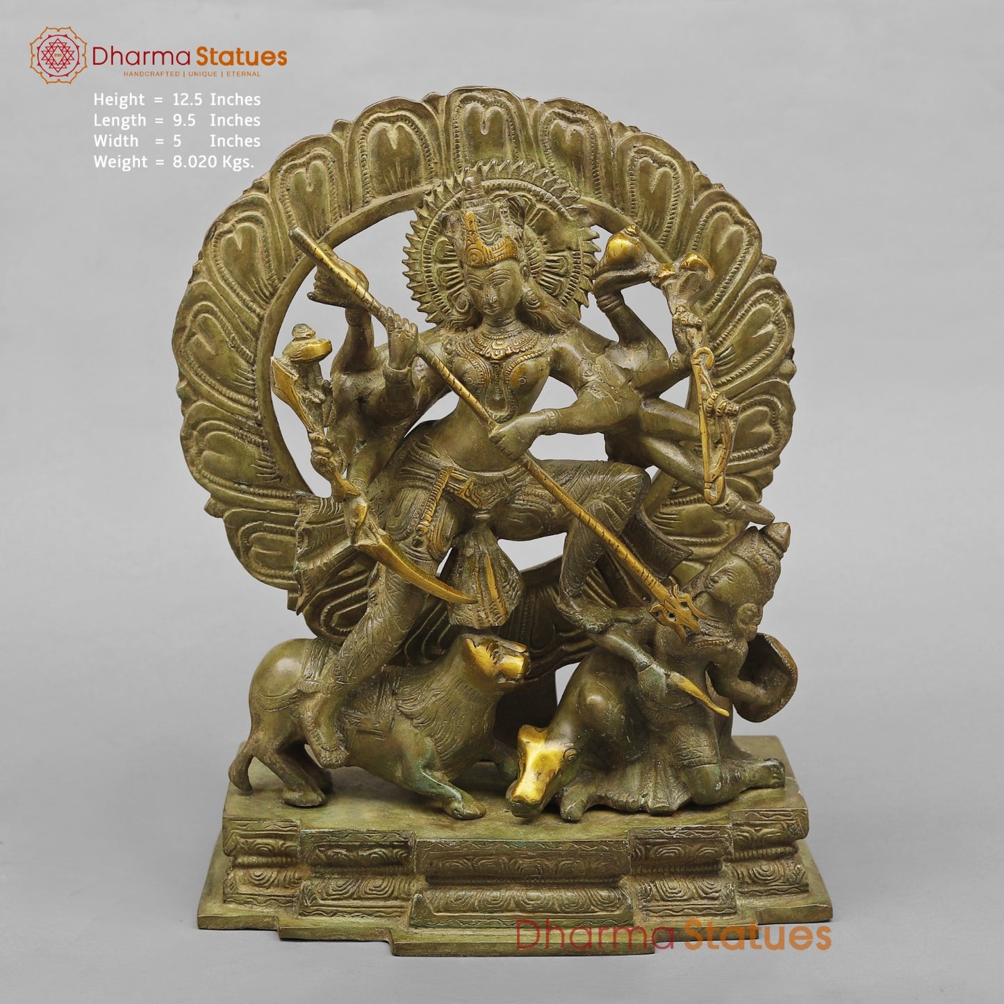 Brass Mahishasur Durga With Frame, Green Patina Finish 12.5”