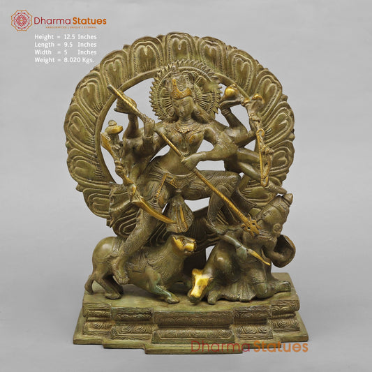Brass Mahishasur Durga With Frame, Green Patina Finish 12.5”