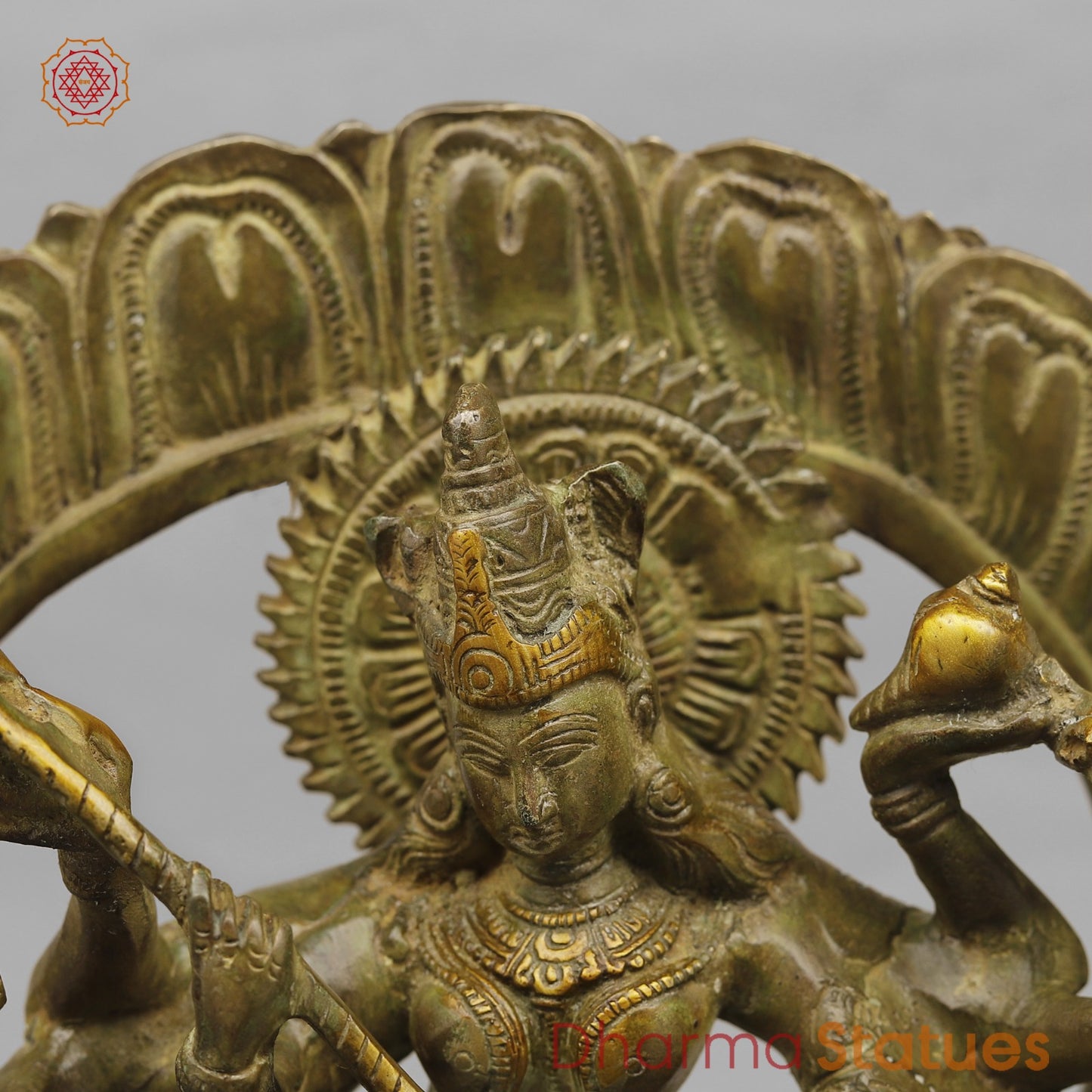 Brass Mahishasur Durga With Frame, Green Patina Finish 12.5”