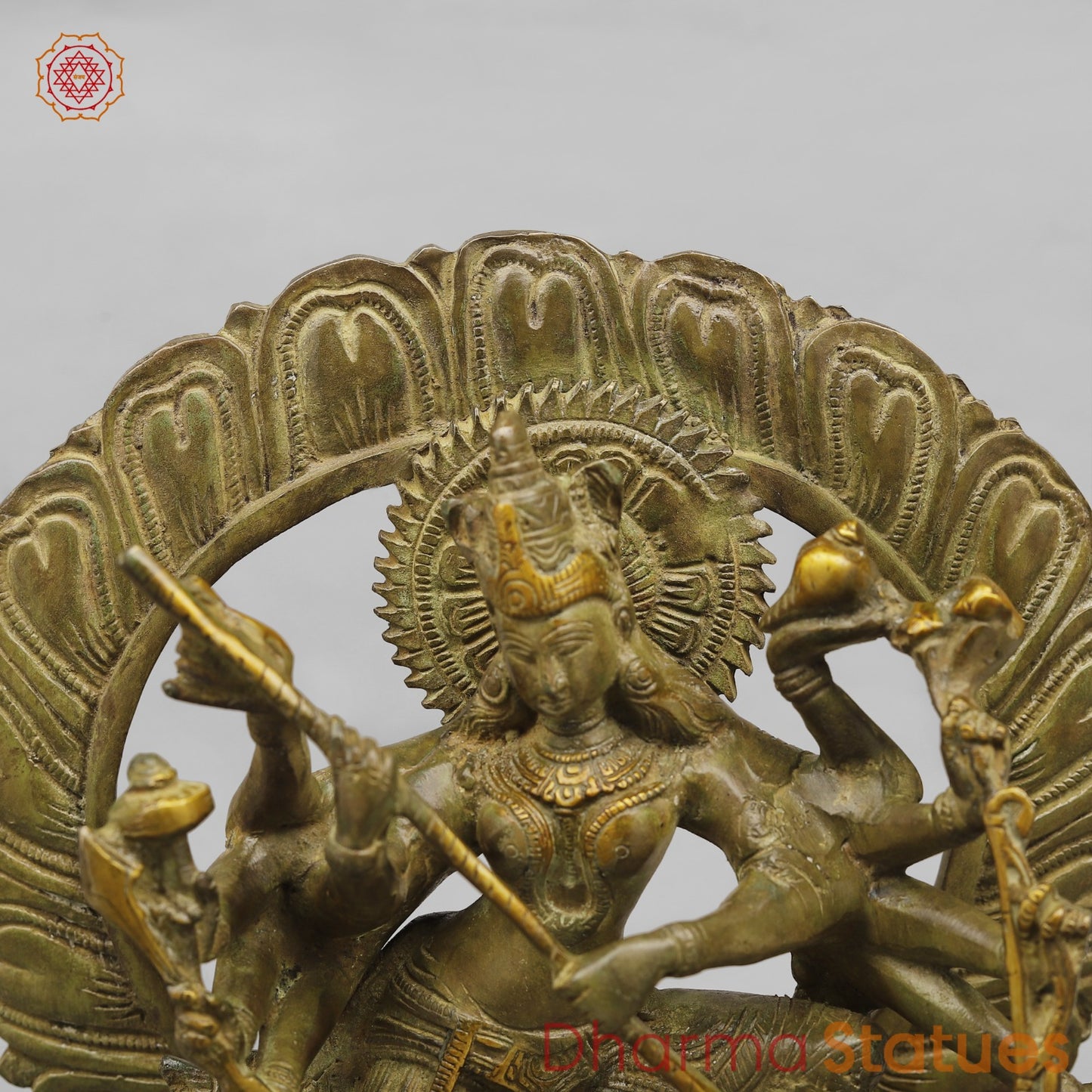 Brass Mahishasur Durga With Frame, Green Patina Finish 12.5”