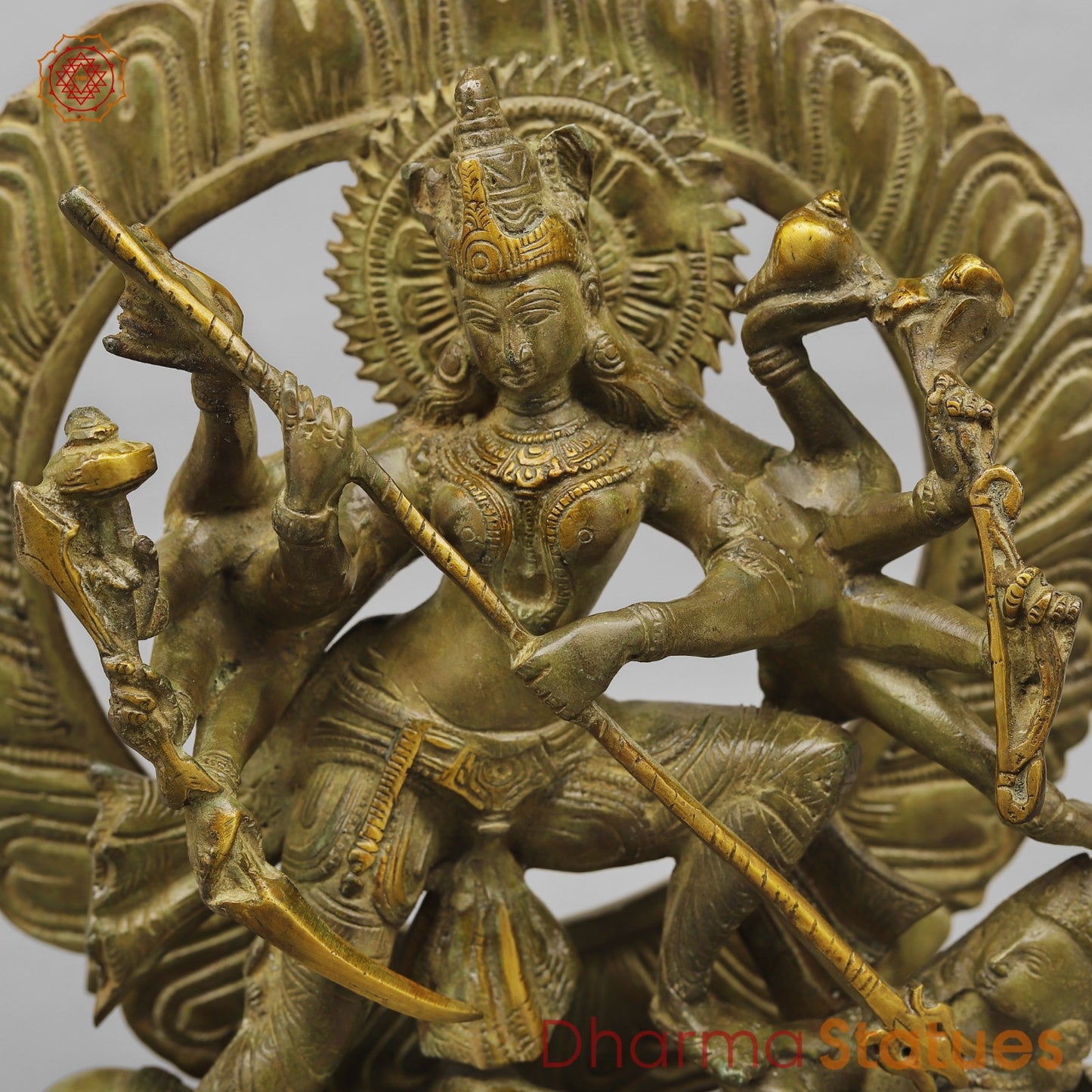 Brass Mahishasur Durga With Frame, Green Patina Finish 12.5”