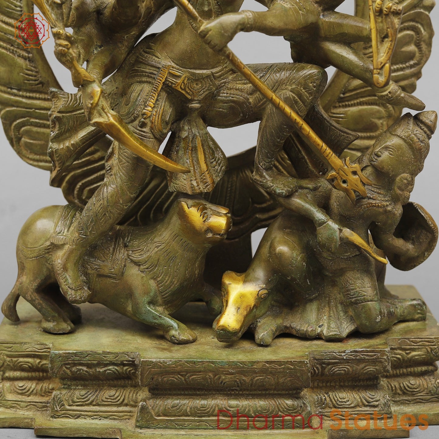 Brass Mahishasur Durga With Frame, Green Patina Finish 12.5”