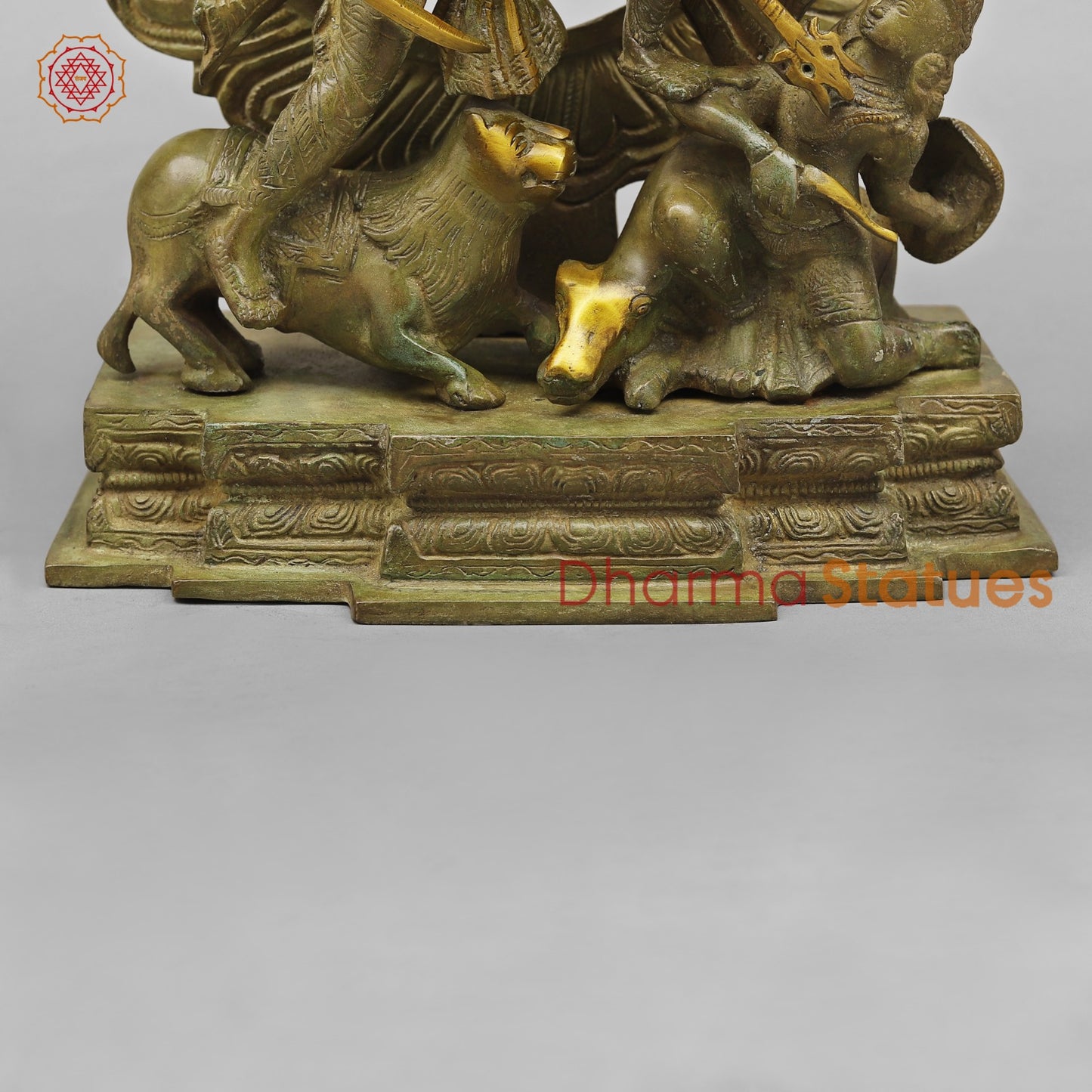 Brass Mahishasur Durga With Frame, Green Patina Finish 12.5”