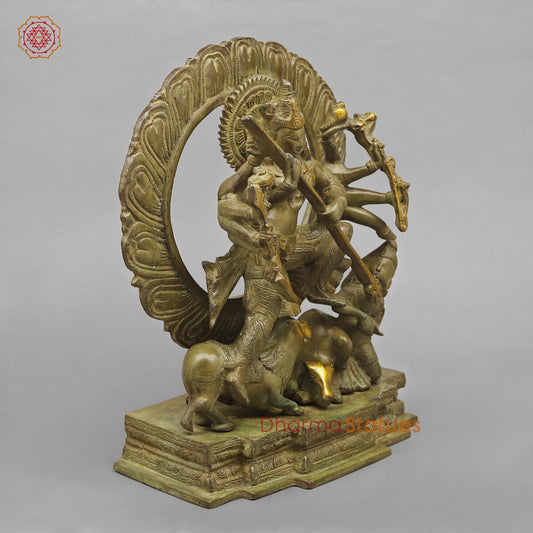 Brass Mahishasur Durga With Frame, Green Patina Finish 12.5”