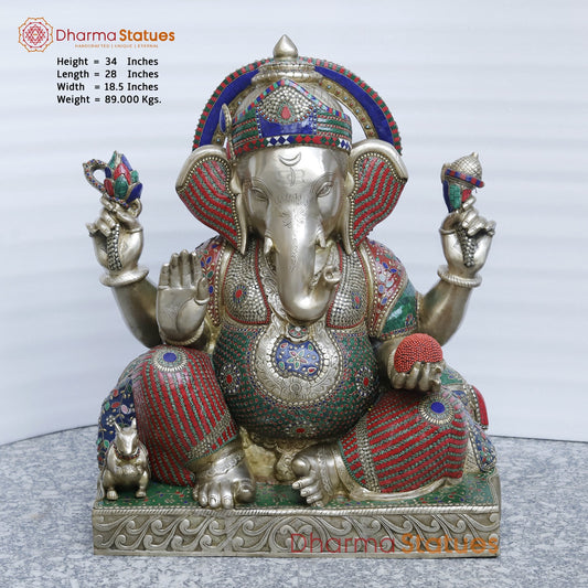 Brass Ganesh Seated Fine , Stone Work 34”