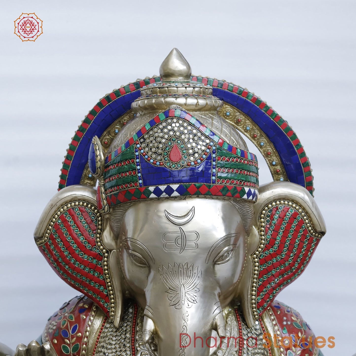 Brass Ganesh Seated Fine , Stone Work 34”