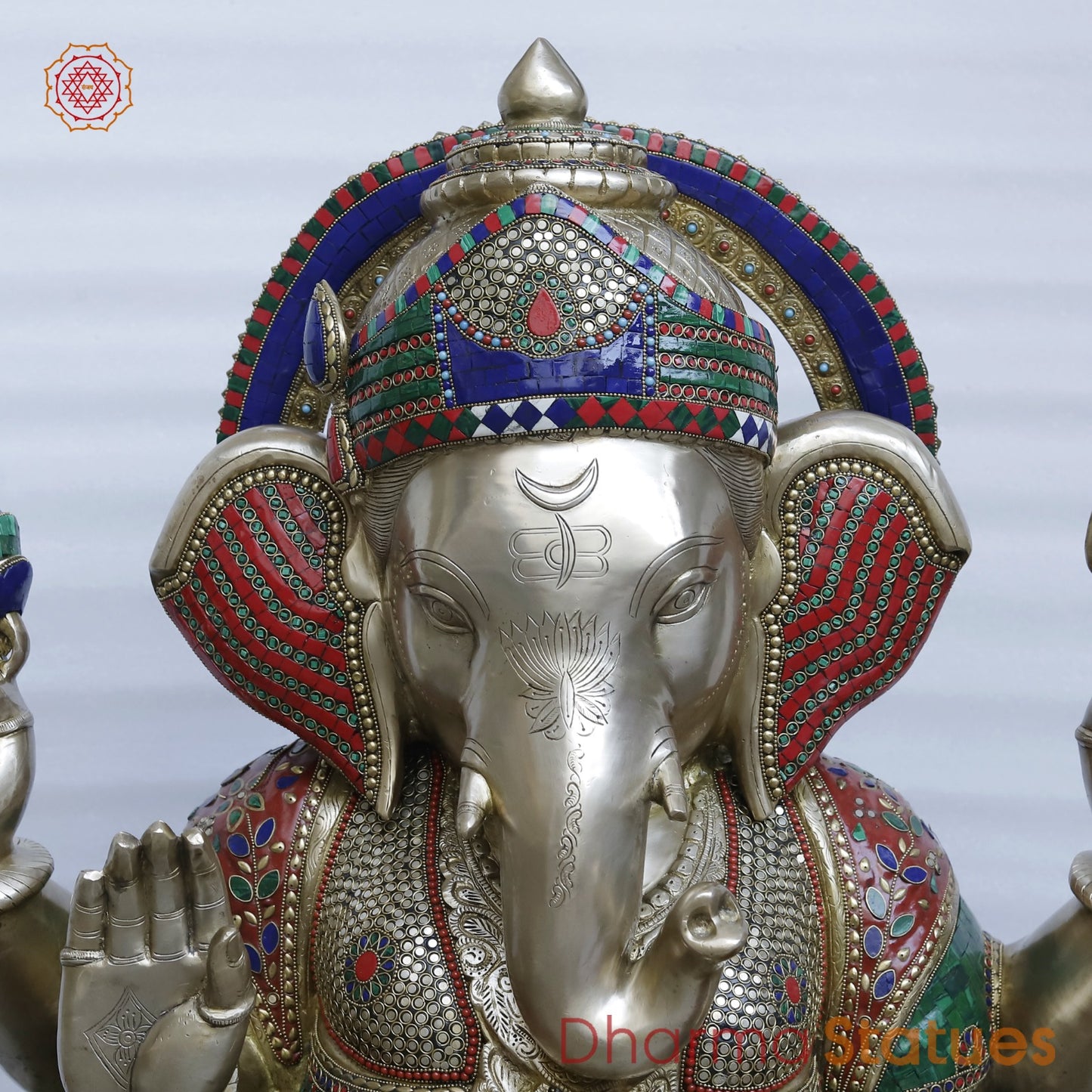 Brass Ganesh Seated Fine , Stone Work 34”