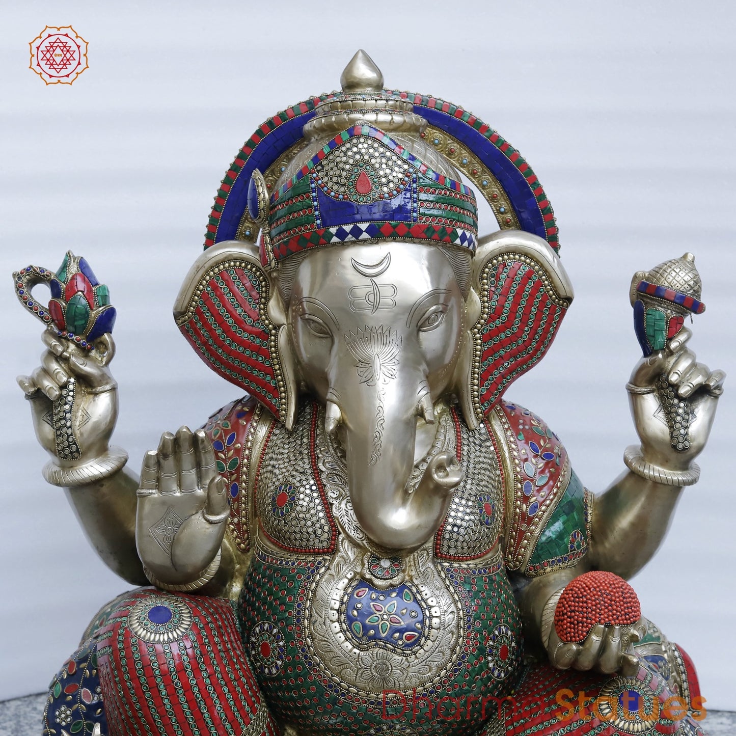 Brass Ganesh Seated Fine , Stone Work 34”